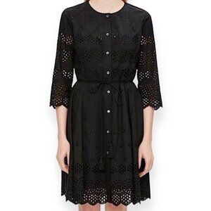 Theory Sz 2 Dress Kalsingan Eyelet Shirt Black Cotton Fit & Flare Preppy Classic